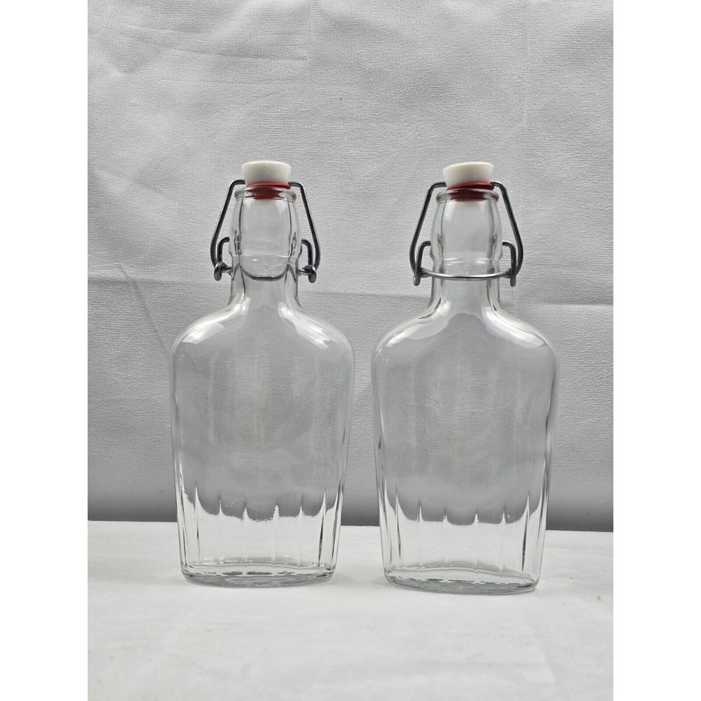 2 Bormioli Rocco Italy Flask with Metal Clamp Top Clear Glass‎ Bottle